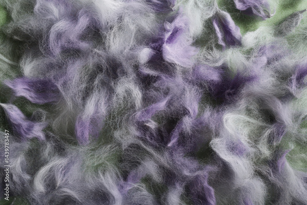 A close-up view of textured, multicolored wool fibers. A close-up view of textured, multicolored wool fibers.