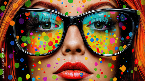 Obraz na płótnie A woman's face, detailed with colorful polka dots, is framed by dark glasses, showcasing a playful and expressive style. w salonie