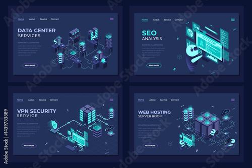 Set of isometric landing page template. Modern technology concept for data center, web hosting, VPN security, and seo analysis. Isometric technology