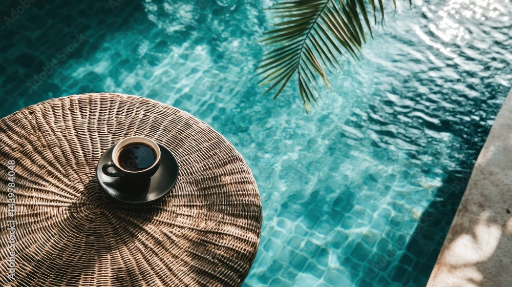 Obraz premium Poolside coffee, wooden table, tropical vibe