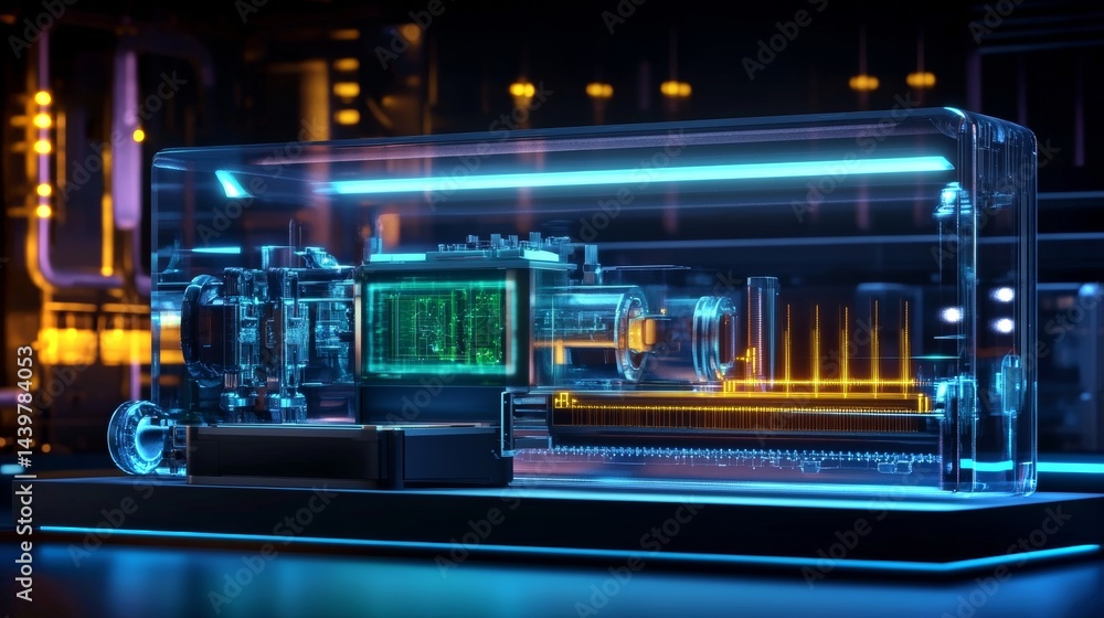 Minimalistic laboratory showcases futuristic technology with holograms and cool lighting