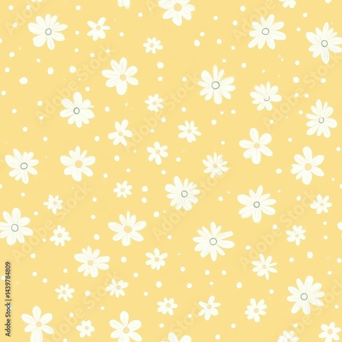Cheerful Yellow Floral Pattern with White Daisies and Polka Dots.