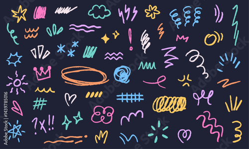 doodle lines sketch paintbrush illustration - set collection with dark background 