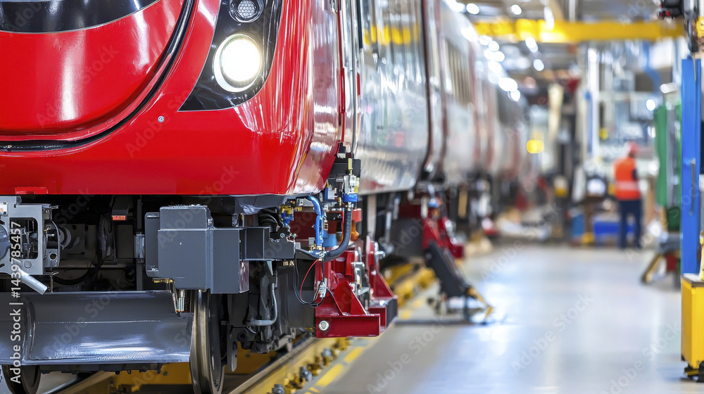 Fototapeta premium modern train factory showcasing advanced technology and precision in manufacturing, highlighting vibrant red train