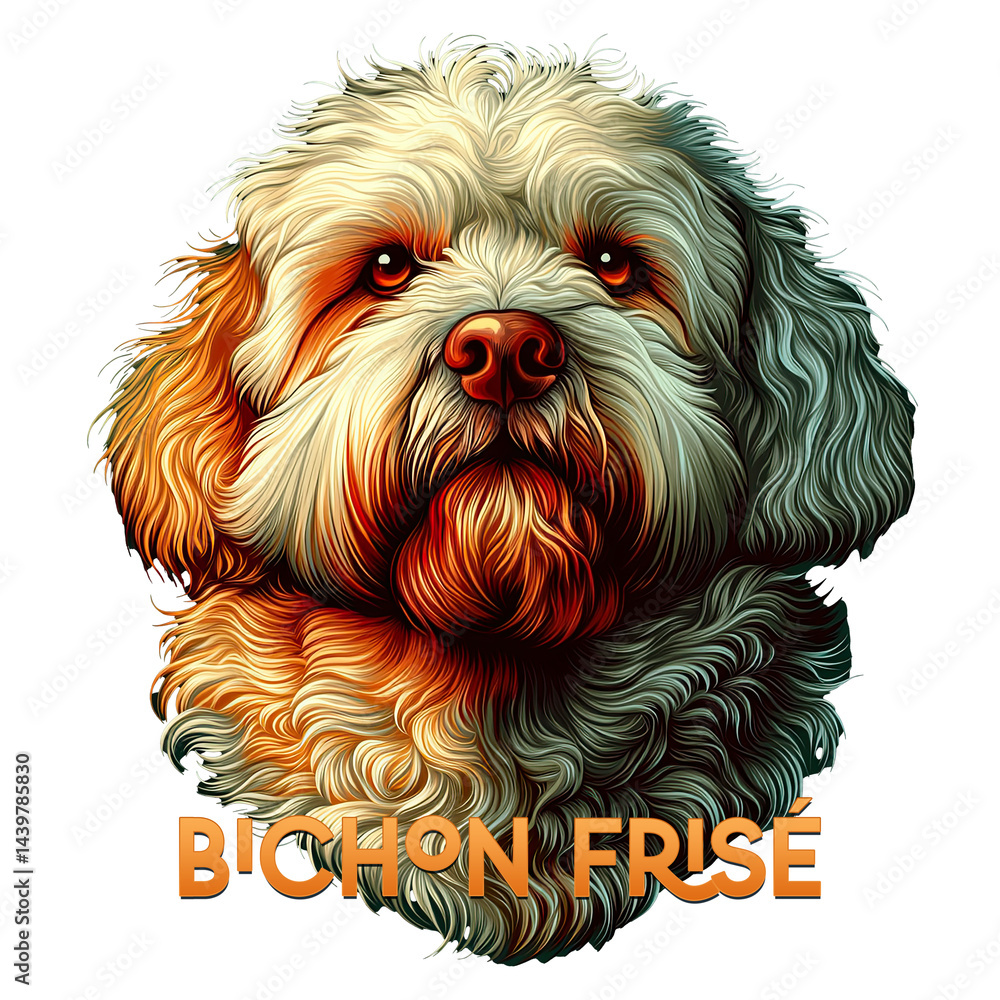 a colorful illustration of a Bichon Frise dog with a fluffy coat and a striking red nose. The background is a gradient of dark shades.