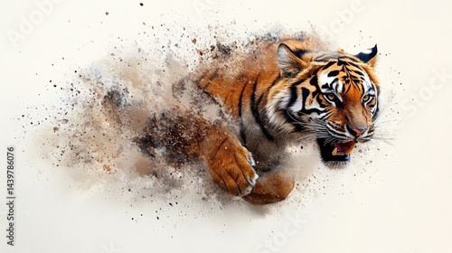 Watercolor painting of a tiger leaping through a cloud of mist on an absolutely white background.