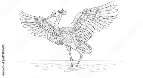 Fancy Crane Bird Standing in Water Adult Coloring Page Design