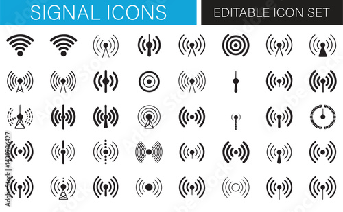 Set of Wireless Transmission and Signal Strength Icons for Tech Projects
