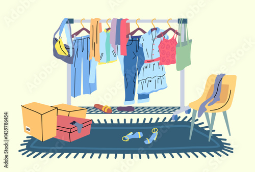 Cartoon Color Clothes Rack on Carpet Season Female Outfit Concept for Shop Flat Design Style. Vector illustration