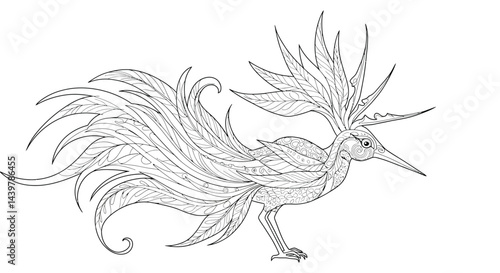 Tropical Bird of Paradise Detailed Line Art Adult Coloring Template