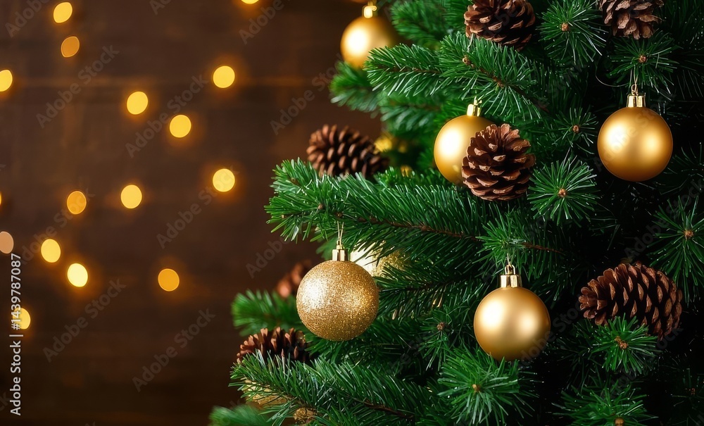 Christmas Tree with Golden Ornaments in Festive Setting Christmas Tree with Golden Ornaments in Festive Setting