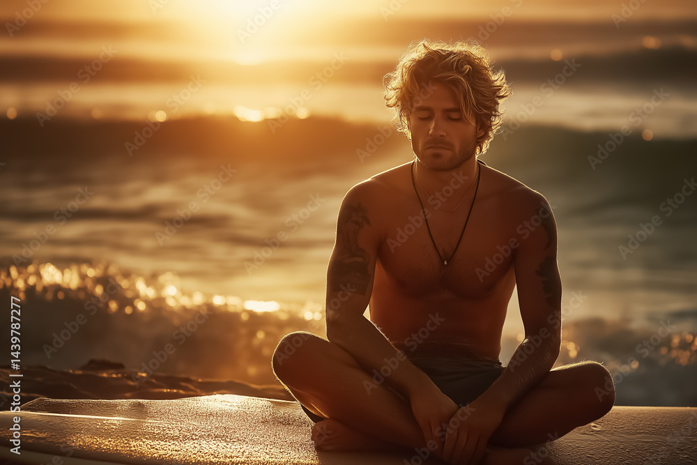Fototapeta premium Surfer sitting cross-legged on board at shore, peaceful expression, eyes closed, golden sunlight and ocean behind