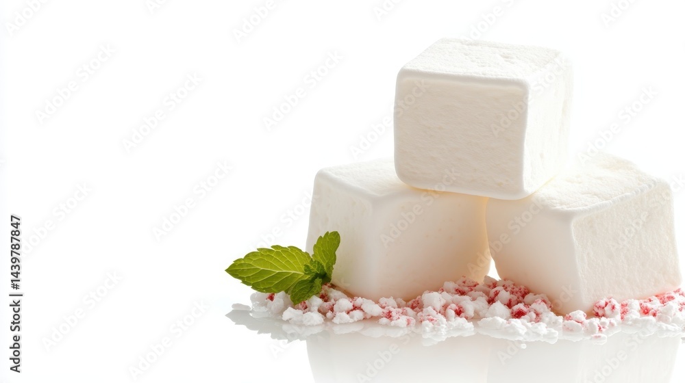Three delightful white marshmallow cubes are adorned with mint, resting on crushed peppermint pieces that symbolize freshness and a sweet holiday vibe. Three delightful white marshmallow cubes are adorned with mint, resting on crushed peppermint pieces that symbolize freshness and a sweet holiday vibe.