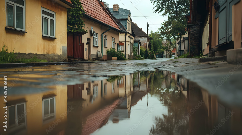 Fototapeta premium Rainy Day Reflection: Charming Old Town Architecture
