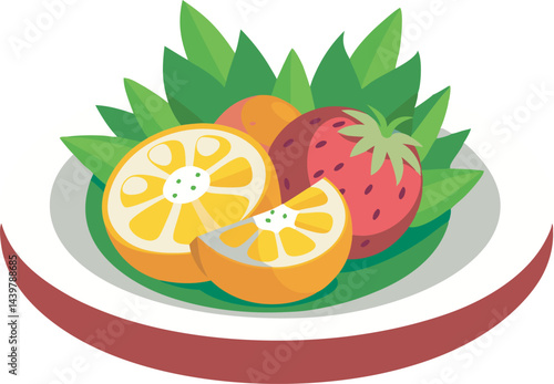 A vibrant vector art illustration of a "Pineapple Passion Platter" fruit salad, featuring colorful tropical fruits beautifully arranged and detailed