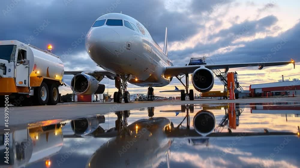 Aviation at Twilight: An airliner rests on the tarmac, mirroring in the wet pavement, with fuel truck, capturing the essence of travel and industry. Aviation at Twilight: An airliner rests on the tarmac, mirroring in the wet pavement, with fuel truck, capturing the essence of travel and industry.