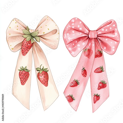 Pretty watercolor bows adorned with sweet strawberries, a delightful and charming illustration.