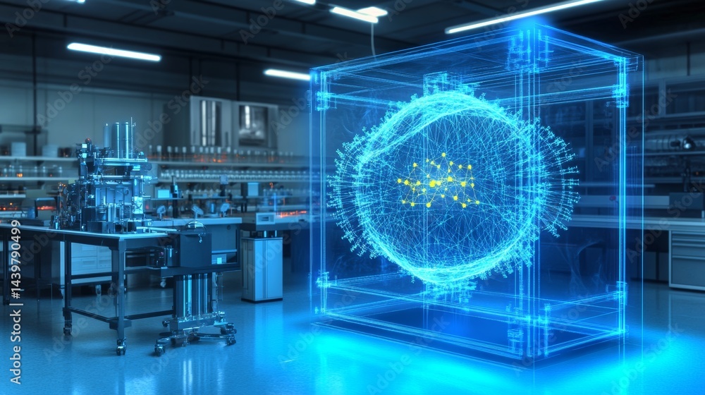 Modern laboratory with holographic technology illuminating scientific exploration at night