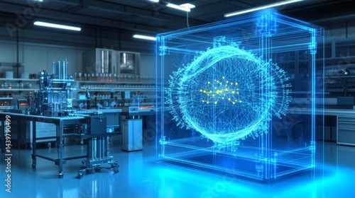 Obraz na płótnie Modern laboratory with holographic technology illuminating scientific exploration at night w salonie