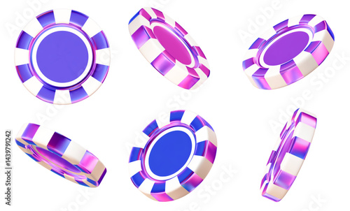 3d neon, holographic casino poker chips. Y2k chips for betting and gambling games. Stock vector illustration on isolated background.