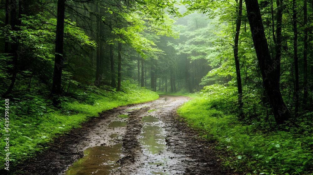 Fototapeta premium Picturesque Forest Road Lush Greenery Muddy Path Tranquil Nature Scene