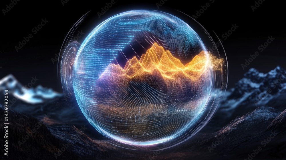 Floating sphere visualizes particle density in a futuristic lab setting
