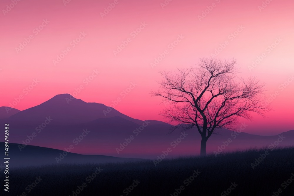 Pink dawn with tree silhouette Pink dawn with tree silhouette