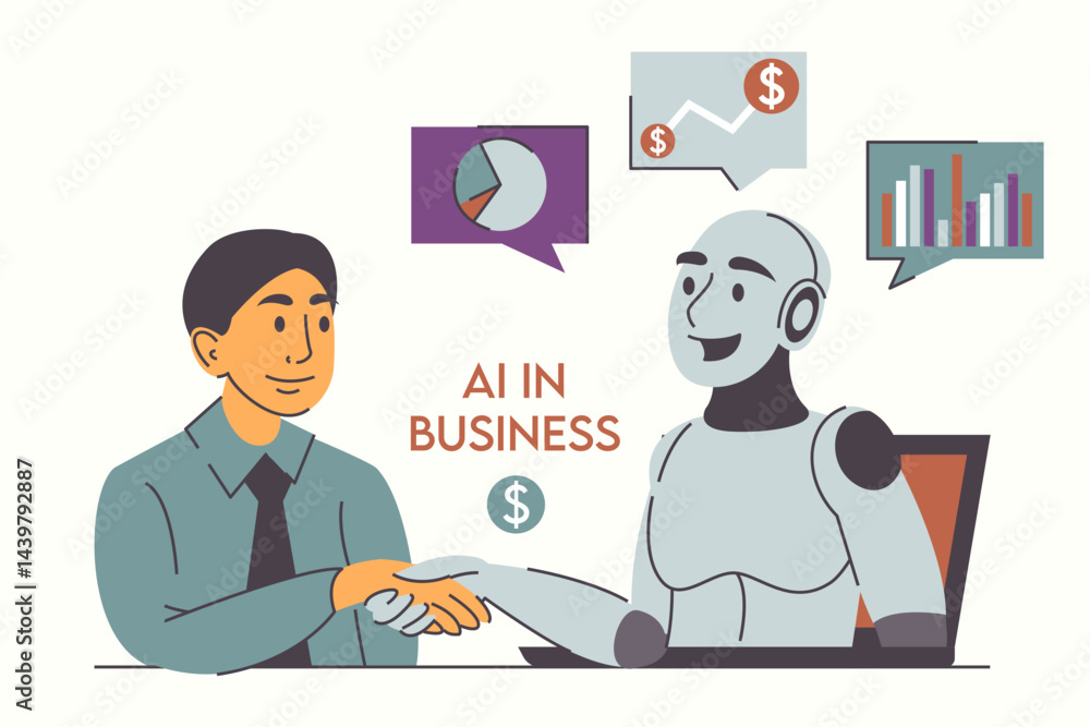 Robot helps businessman vector isolated. AI technology for business. Artificial intelligence assistance. Man communicating with robot. Robot helps businessman vector isolated. AI technology for business. Artificial intelligence assistance. Man communicating with robot.