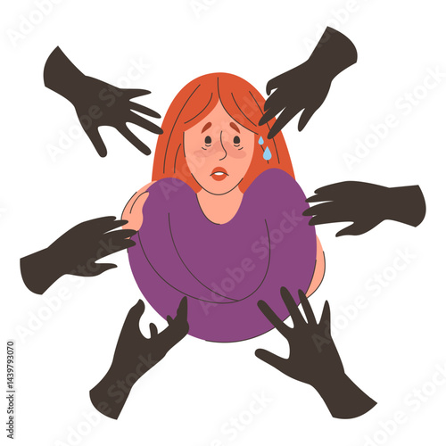 Hands reaching towards woman vector isolated. Scared female character looking at hands, concept of harassment and abuse. Social issues, gender inequality. Arms touching woman without permission.