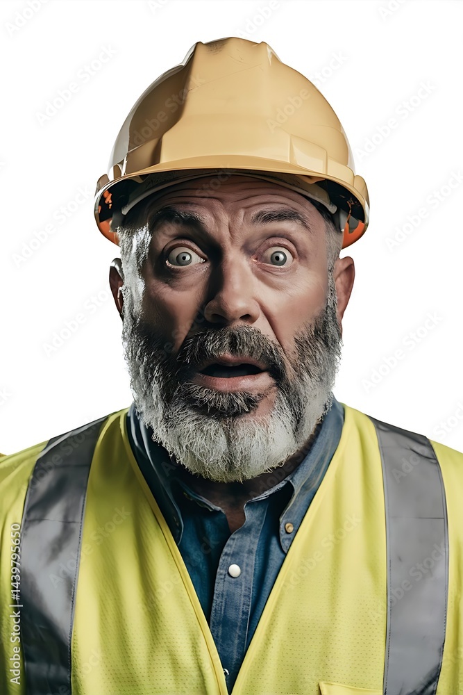 Surprised, distraught mature construction foreman with a beard, yellow reflective vest and studio hard hat against a solid white background Surprised, distraught mature construction foreman with a beard, yellow reflective vest and studio hard hat against a solid white background