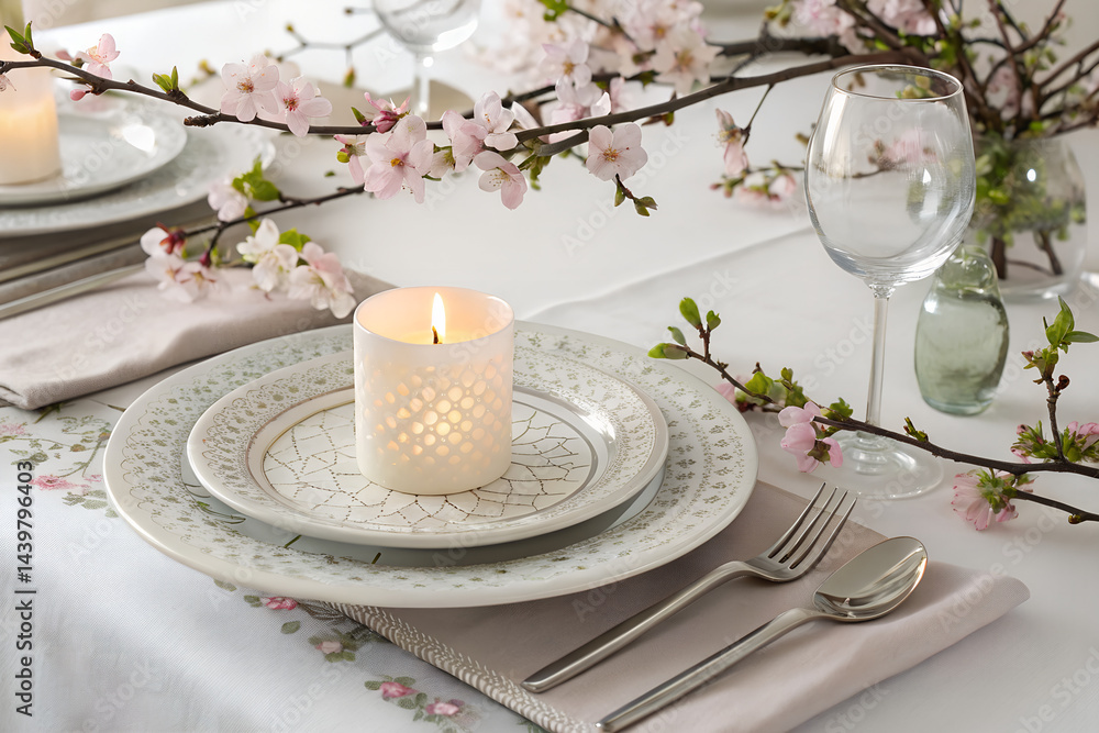 Elegant table setting with plates, burning candle and blooming tree branches Elegant table setting with plates, burning candle and blooming tree branches