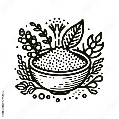 Grains bowl illustration, wholesome mood, organic design, on white background, copy space