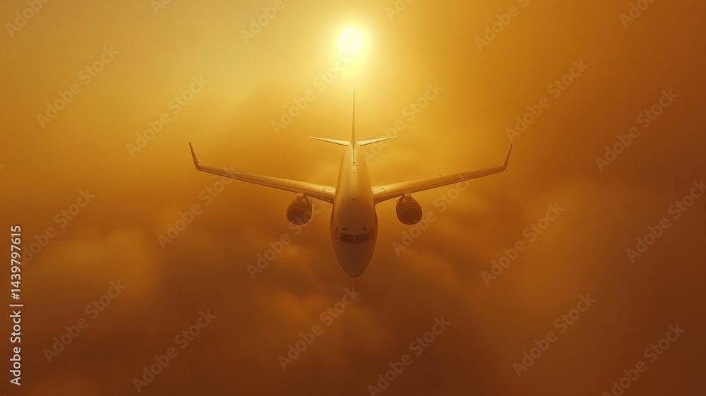 Impact of air pollution on aviation with airplane flying through smog at sunset