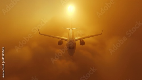 Impact of air pollution on aviation with airplane flying through smog at sunset