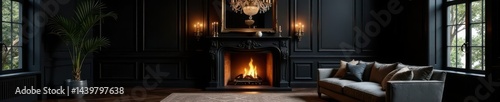 Black interior, grand fireplace, plush sofa, crystal chandelier, reflecting mirror, decor, antique, reflection