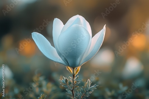 Single white magnolia blossom in soft, golden light.