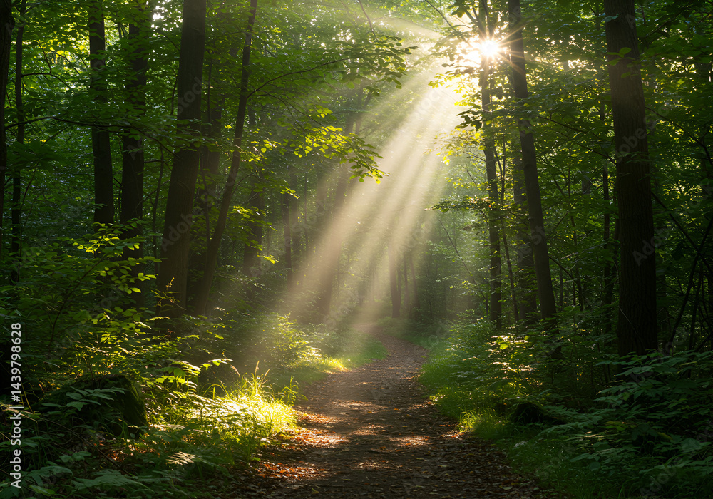 Naklejka premium Sunbeams Illuminating Forest Path