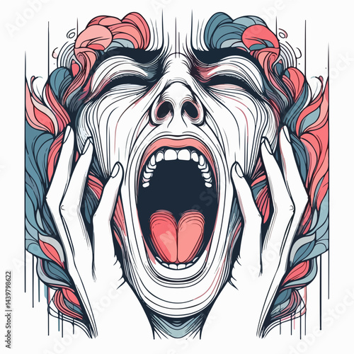 Expressive Distress: A powerful illustration depicts a person consumed by intense emotional distress, their face contorted in a silent scream, hands clasping their head amidst intricate lines.