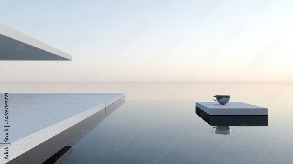 Fototapeta premium Modern Architecture, Calm Sea, Floating Coffee Cup