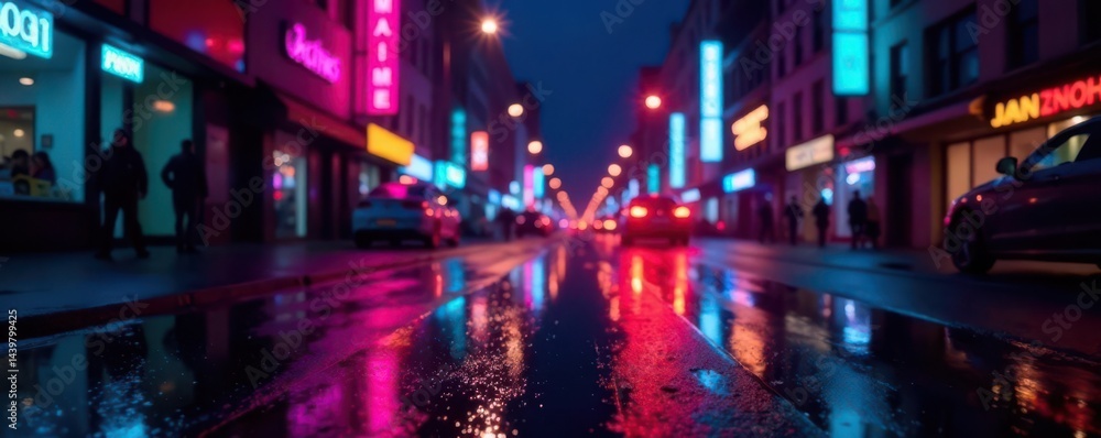 Dark, wet street reflects neon lights; abstract city night , ray, urban Dark, wet street reflects neon lights; abstract city night , ray, urban