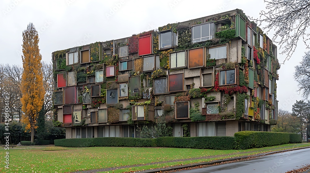 The remarkable architecture of the 'Unit? d'Habitation' in Brussels, a building covered in vibrant greenery and showcasing a unique design. The remarkable architecture of the 'Unit? d'Habitation' in Brussels, a building covered in vibrant greenery and showcasing a unique design.