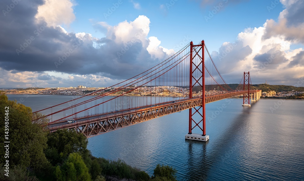 Fototapeta premium Panoramic view of the iconic 25 de Abril Bridge in Lisbon, Portugal at sunset, cityscape, river, clouds, bridge, tourism