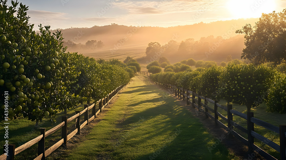 Obraz premium Sunrise over Misty Orchard: Serene Countryside Landscape Photography