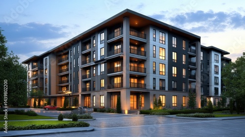 Modern apartment building facade, real estate exterior