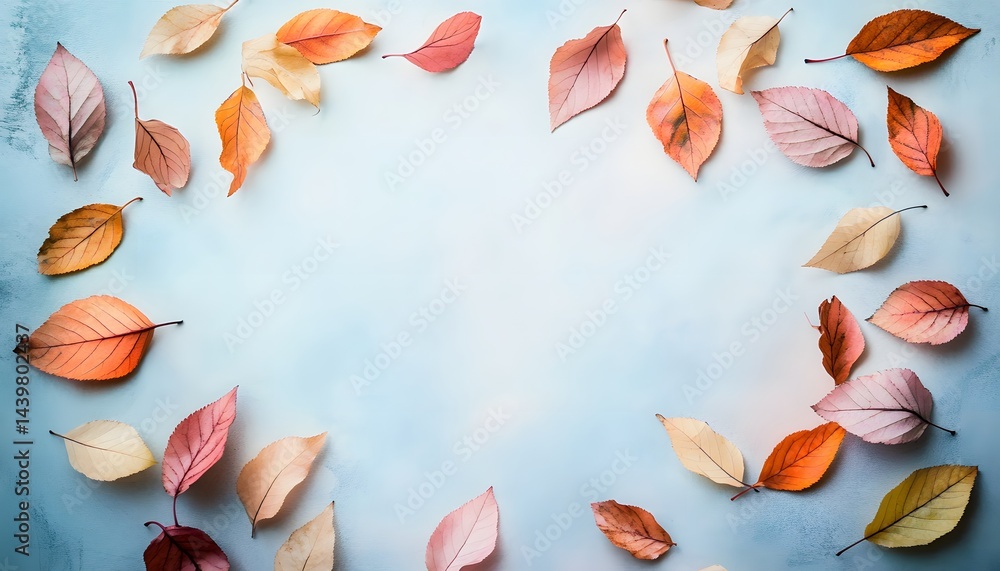 Autumn Leaves Of Various Colors Scattered Against a Blue Background