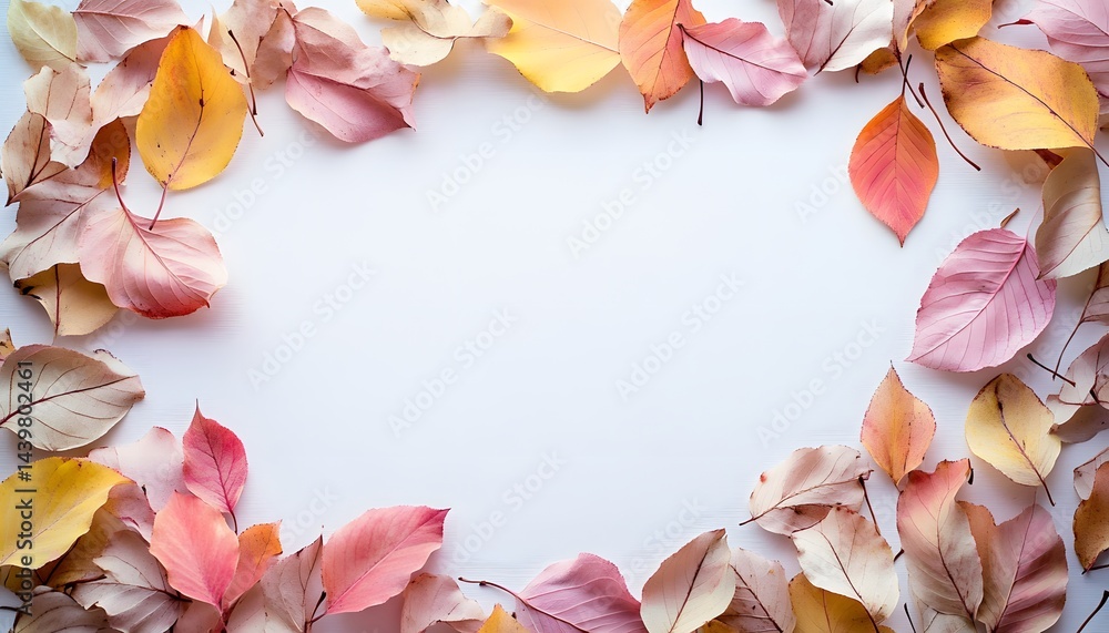 Colorful autumn leaves arranged as a decorative border on white surface