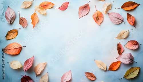 Obraz na płótnie Autumn Leaves Of Various Colors Scattered Against a Blue Background w salonie