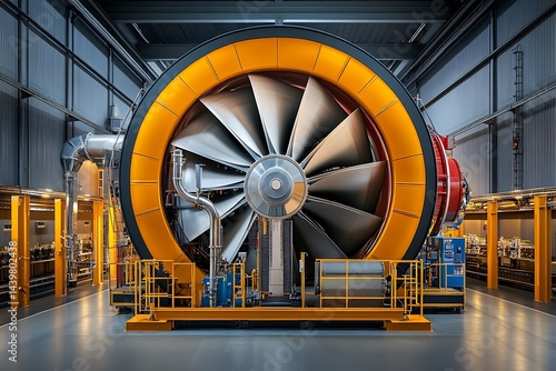 Large industrial fan system operating at geothermal plant high-tech environment close-up view