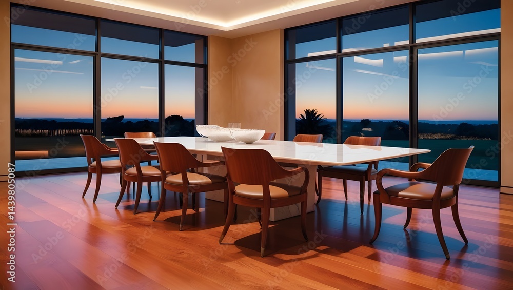 Eco-Friendly Open Plan Modern Office Interior With Meeting Room. Wooden Meeting Table, Yellow Chairs, Plants And Parquet Floor Eco-Friendly Open Plan Modern Office Interior With Meeting Room. Wooden Meeting Table, Yellow Chairs, Plants And Parquet Floor