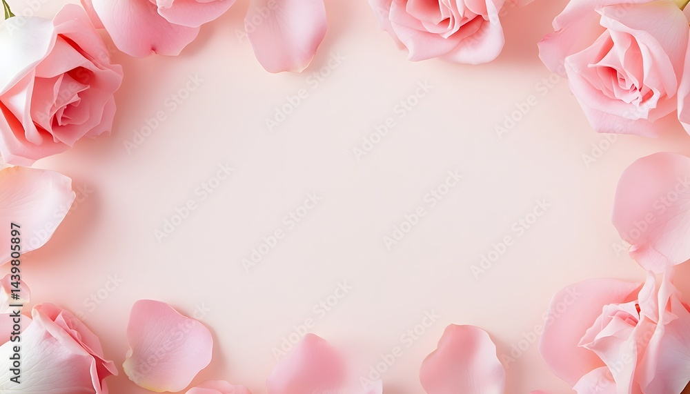 Beautiful pink roses and petals surrounding blank soft background